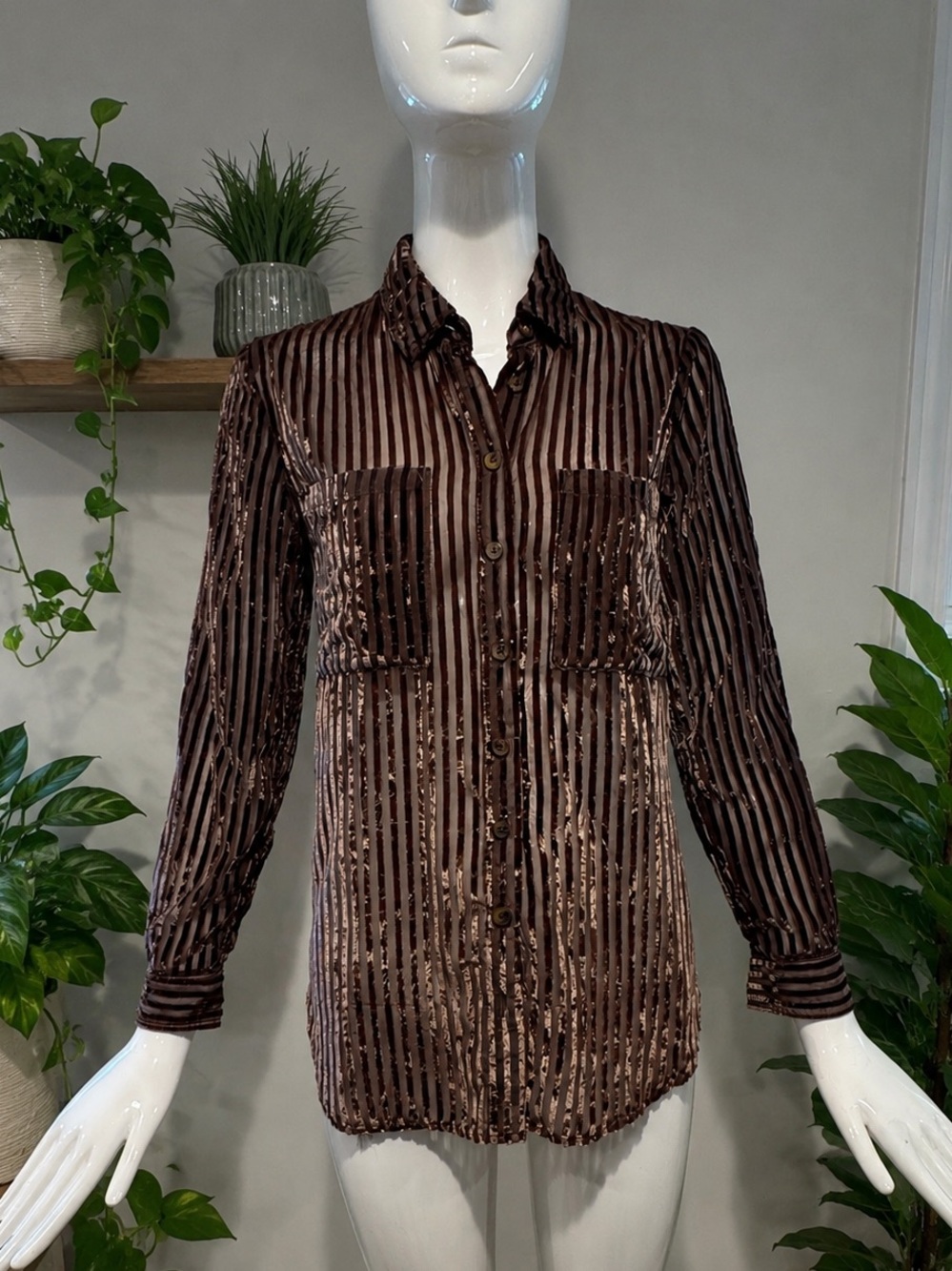 Pilcro Brown Velvet Burnout Stripe Button Front Blouse Shirt Small